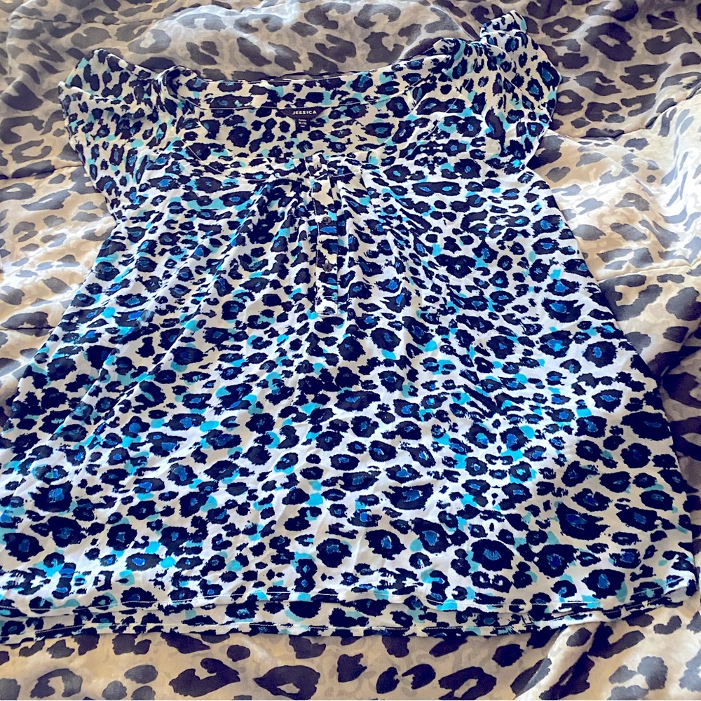 Chiffon Flowy Flutter Leopard Print Butterfly Sleeve Semi Sheer Button Neck XL P